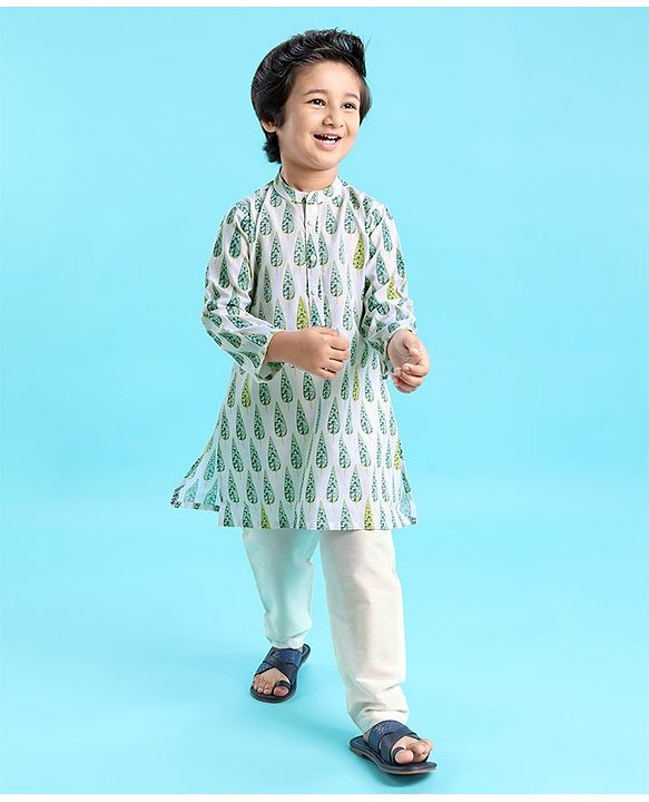 Babyhug 100% Cotton Woven Full Sleeves Kurta Pyjama Set Leaf Print - White