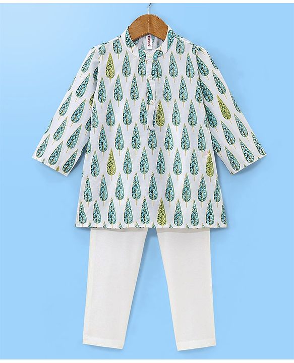 Babyhug 100% Cotton Woven Full Sleeves Kurta Pyjama Set Leaf Print - White