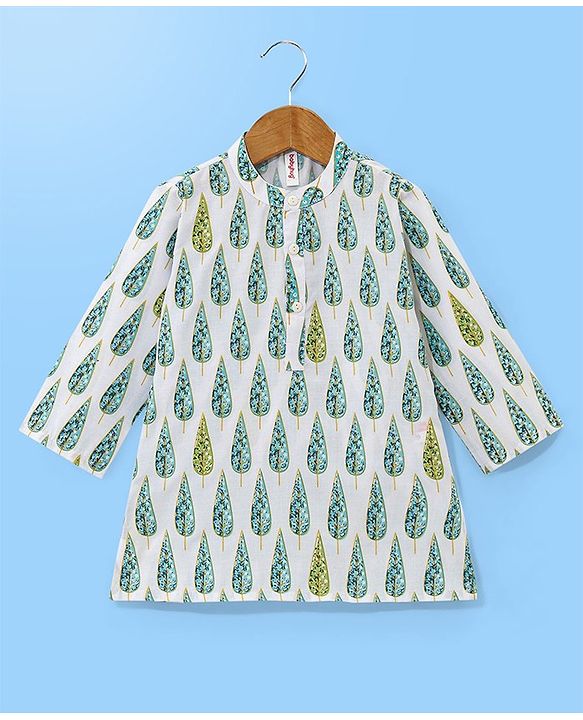 Babyhug 100% Cotton Woven Full Sleeves Kurta Pyjama Set Leaf Print - White