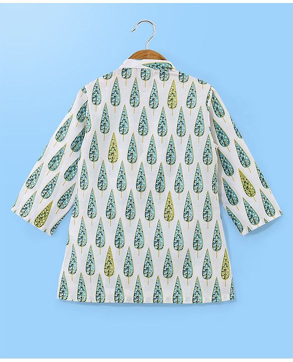 Babyhug 100% Cotton Woven Full Sleeves Kurta Pyjama Set Leaf Print - White