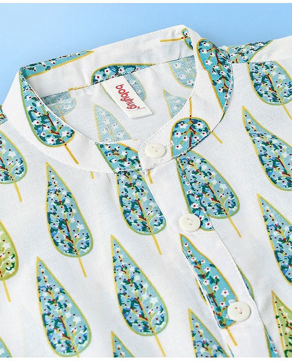 Babyhug 100% Cotton Woven Full Sleeves Kurta Pyjama Set Leaf Print - White