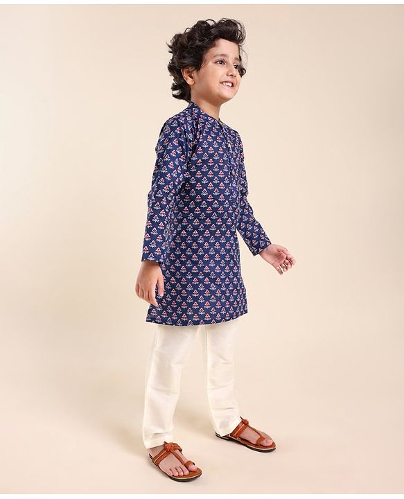 Babyhug 100% Cotton Flower Printed Full Sleeves Kurta With Pyjama Set - Blue