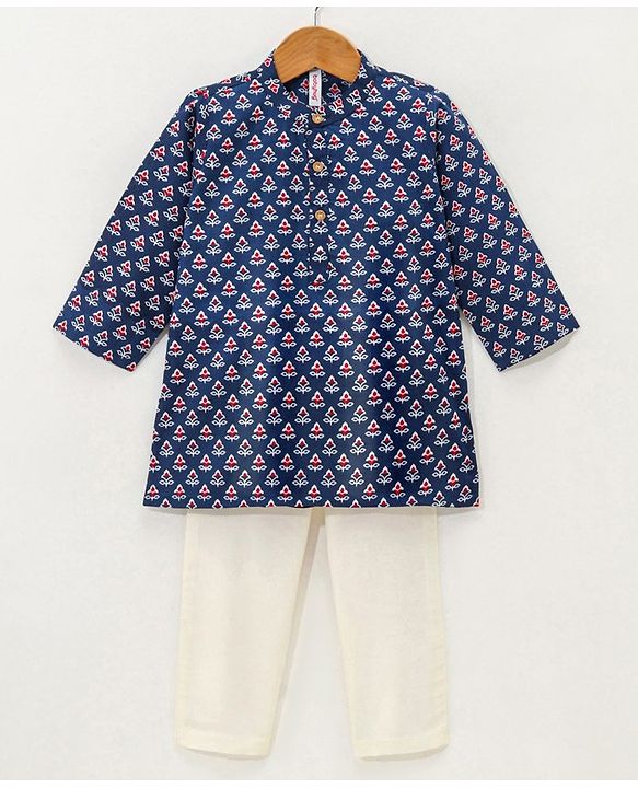Babyhug 100% Cotton Flower Printed Full Sleeves Kurta With Pyjama Set - Blue