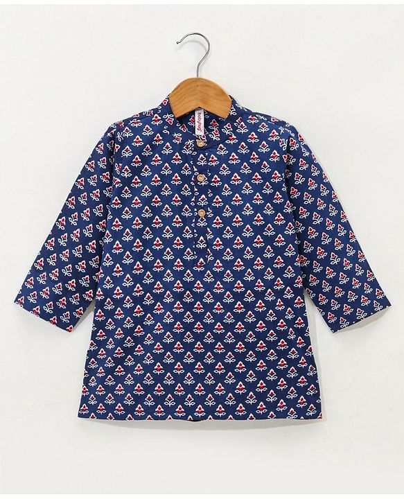 Babyhug 100% Cotton Flower Printed Full Sleeves Kurta With Pyjama Set - Blue