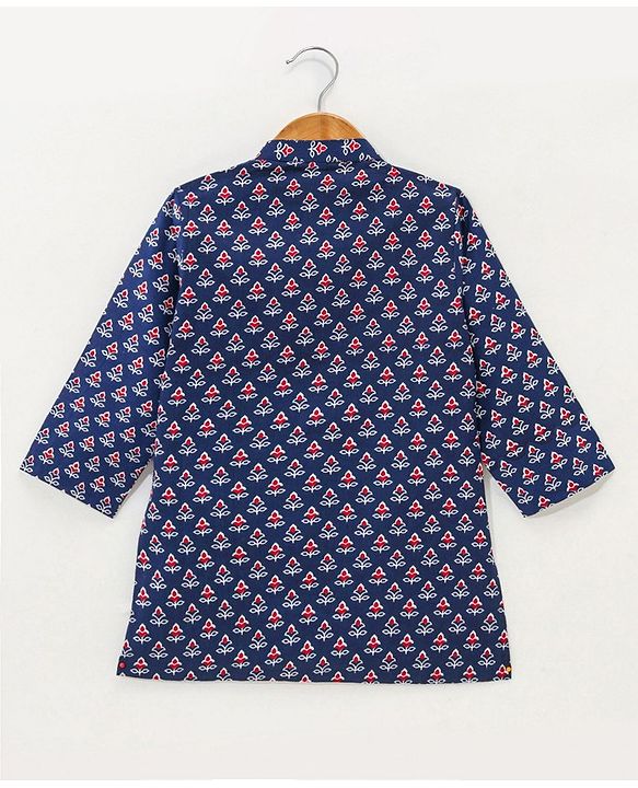 Babyhug 100% Cotton Flower Printed Full Sleeves Kurta With Pyjama Set - Blue