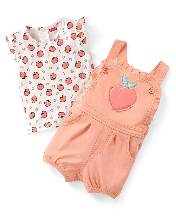 Babyhug 100% Cotton Half Sleeves Inner Tee with Dungaree With Fruits Embroidery - Pink & White