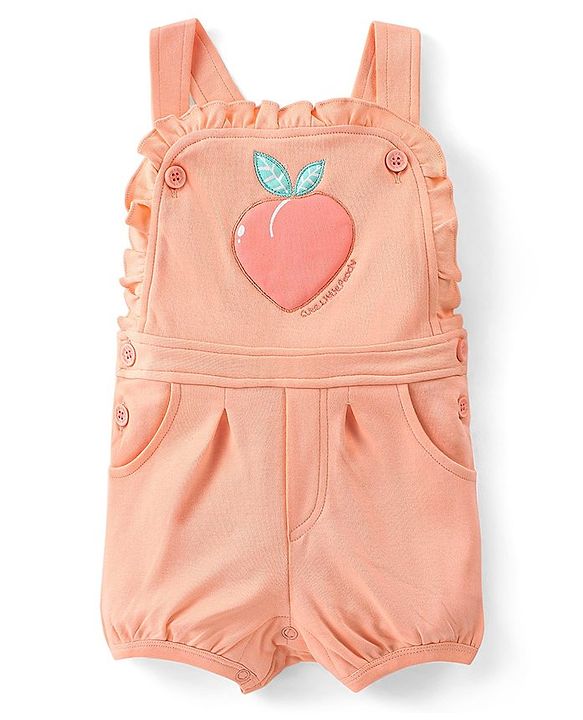 Babyhug 100% Cotton Half Sleeves Inner Tee with Dungaree With Fruits Embroidery - Pink & White
