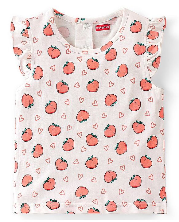 Babyhug 100% Cotton Half Sleeves Inner Tee with Dungaree With Fruits Embroidery - Pink & White