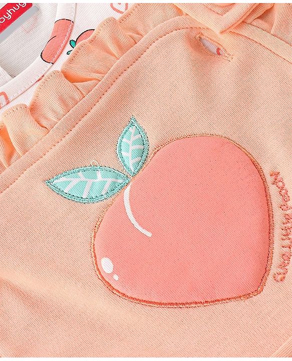 Babyhug 100% Cotton Half Sleeves Inner Tee with Dungaree With Fruits Embroidery - Pink & White