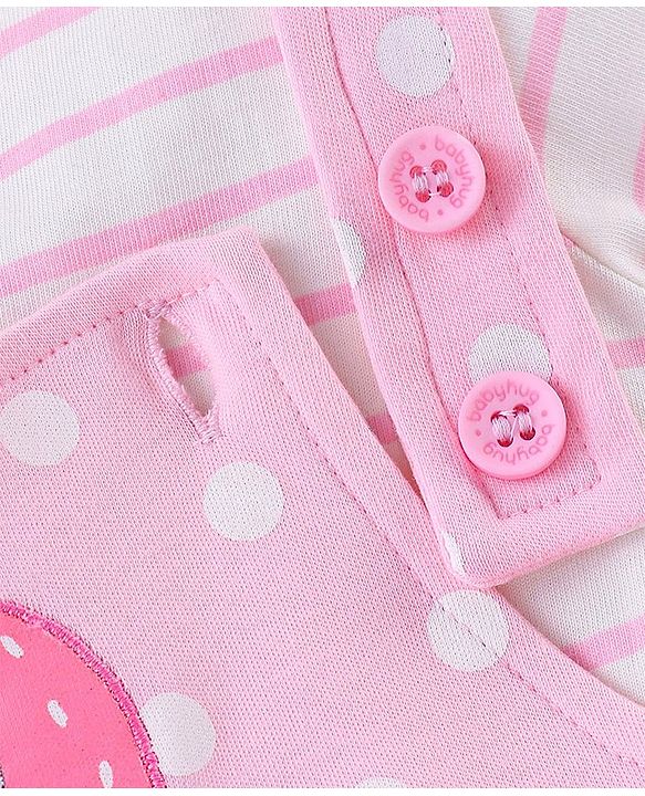 Babyhug 100% Cotton Half Sleeves Inner Tee with Dungaree With Fruits Embroidery - Pink & White