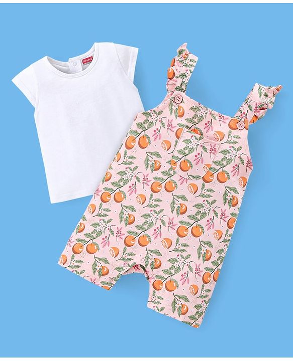 Babyhug 100% Cotton Half Sleeves Tee & Dungaree Set Tangerine Print- White & Light Orange