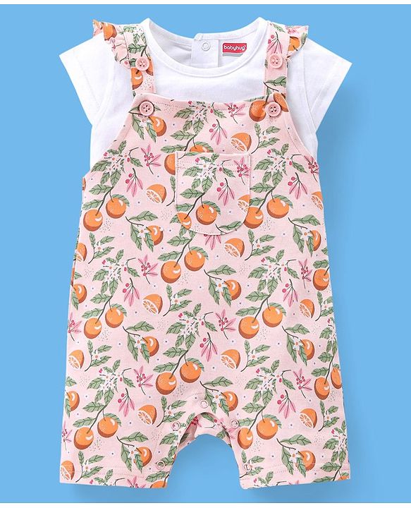 Babyhug 100% Cotton Half Sleeves Tee & Dungaree Set Tangerine Print- White & Light Orange