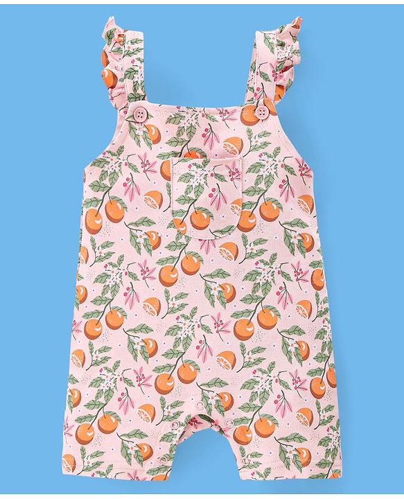 Babyhug 100% Cotton Half Sleeves Tee & Dungaree Set Tangerine Print- White & Light Orange