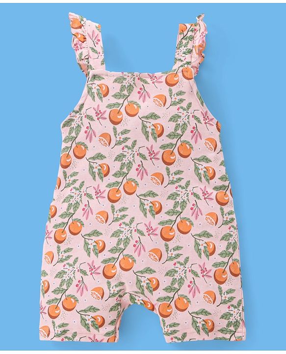 Babyhug 100% Cotton Half Sleeves Tee & Dungaree Set Tangerine Print- White & Light Orange