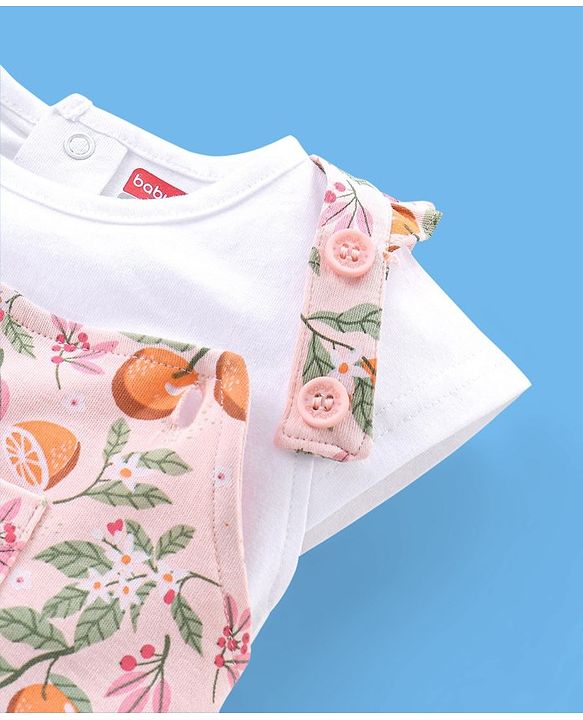 Babyhug 100% Cotton Half Sleeves Tee & Dungaree Set Tangerine Print- White & Light Orange