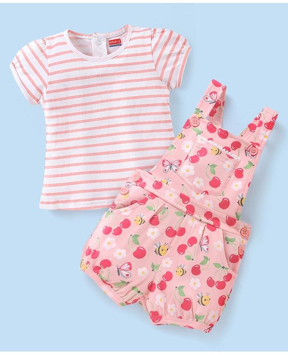 Babyhug 100% Cotton Knit Floral Print Dungaree & Half Sleeves Striped Tee Set - Pink & White