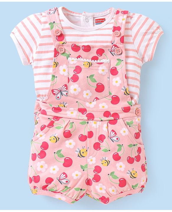 Babyhug 100% Cotton Knit Floral Print Dungaree & Half Sleeves Striped Tee Set - Pink & White