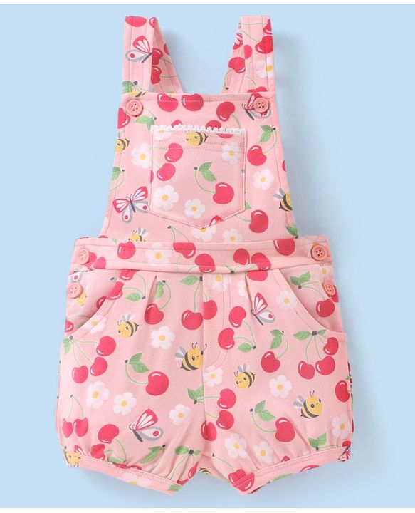 Babyhug 100% Cotton Knit Floral Print Dungaree & Half Sleeves Striped Tee Set - Pink & White