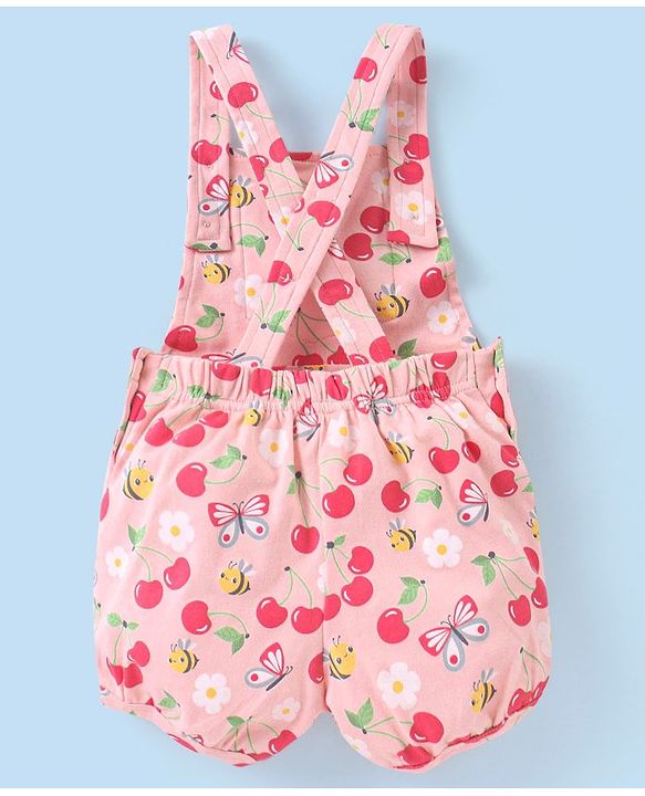 Babyhug 100% Cotton Knit Floral Print Dungaree & Half Sleeves Striped Tee Set - Pink & White