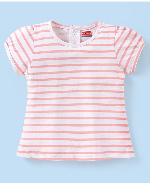 Babyhug 100% Cotton Knit Floral Print Dungaree & Half Sleeves Striped Tee Set - Pink & White