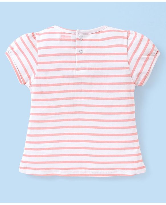 Babyhug 100% Cotton Knit Floral Print Dungaree & Half Sleeves Striped Tee Set - Pink & White
