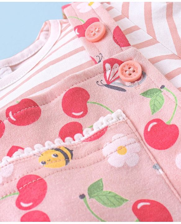 Babyhug 100% Cotton Knit Floral Print Dungaree & Half Sleeves Striped Tee Set - Pink & White