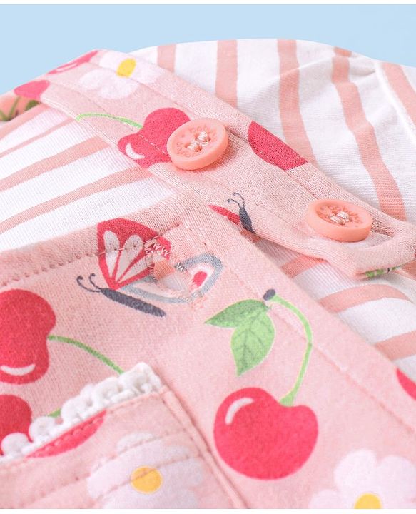 Babyhug 100% Cotton Knit Floral Print Dungaree & Half Sleeves Striped Tee Set - Pink & White