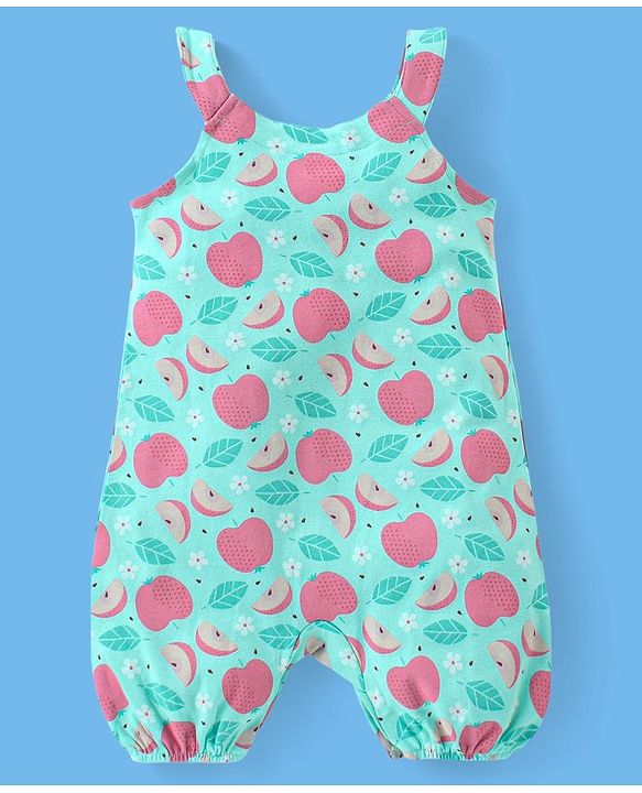 Babyhug 100% Cotton Knit Half Sleeves T-Shirt & Dungaree Set Fruit Print - Pink & Mint