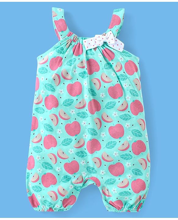 Babyhug 100% Cotton Knit Half Sleeves T-Shirt & Dungaree Set Fruit Print - Pink & Mint
