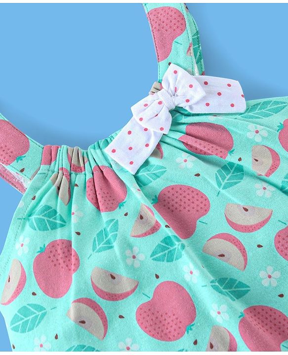 Babyhug 100% Cotton Knit Half Sleeves T-Shirt & Dungaree Set Fruit Print - Pink & Mint