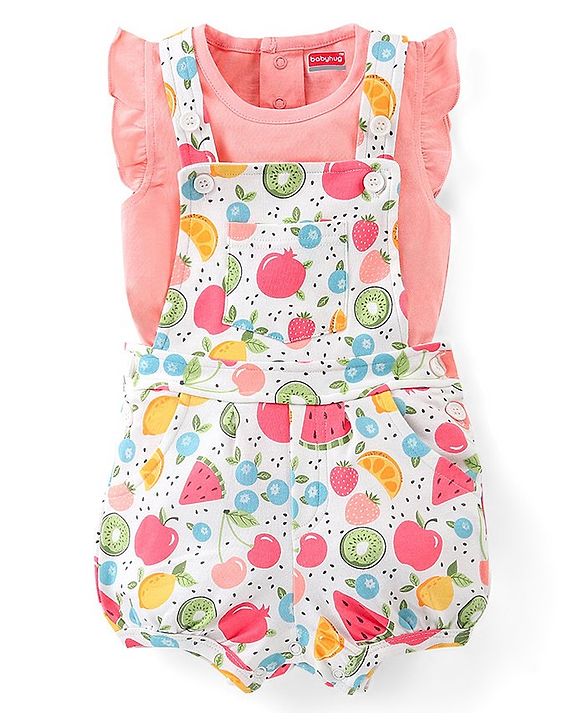 Babyhug 100% Cotton Knit Pomegranate Print  Dungaree with Half Sleeves Inner Tee - White & Pink