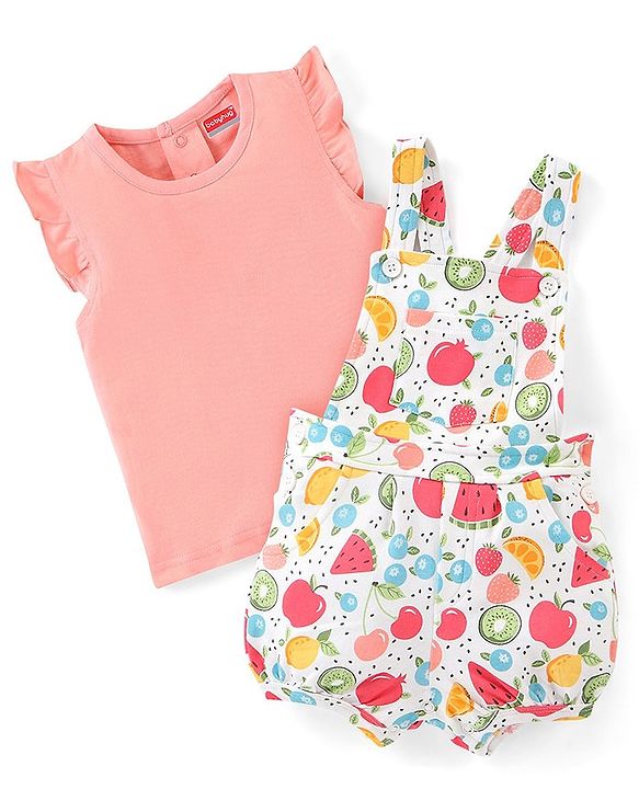 Babyhug 100% Cotton Knit Pomegranate Print  Dungaree with Half Sleeves Inner Tee - White & Pink