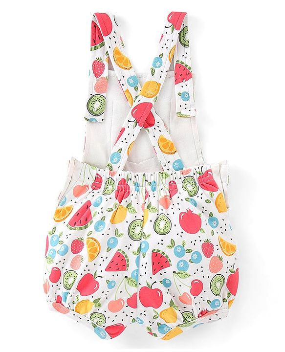 Babyhug 100% Cotton Knit Pomegranate Print  Dungaree with Half Sleeves Inner Tee - White & Pink