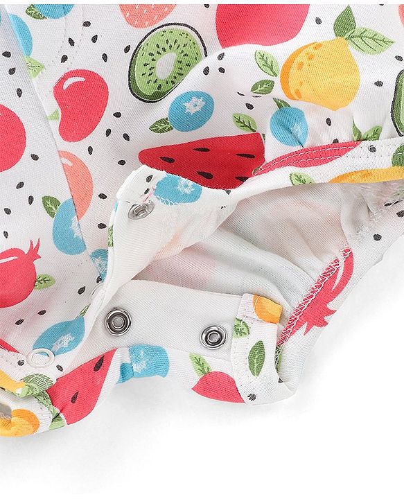 Babyhug 100% Cotton Knit Pomegranate Print  Dungaree with Half Sleeves Inner Tee - White & Pink