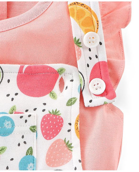 Babyhug 100% Cotton Knit Pomegranate Print  Dungaree with Half Sleeves Inner Tee - White & Pink