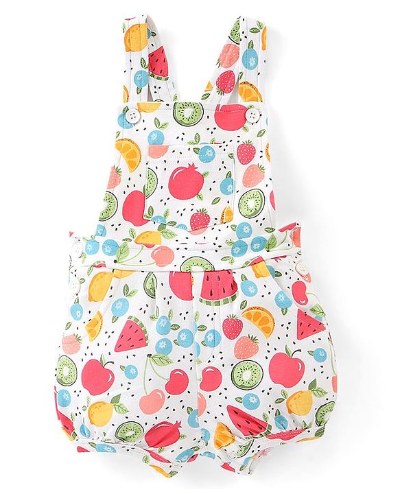 Babyhug 100% Cotton Knit Pomegranate Print  Dungaree with Half Sleeves Inner Tee - White & Pink