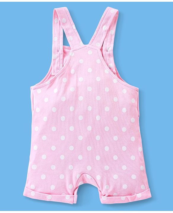 Babyhug 100% Cotton Polka Dots Printed Dungaree with Half Sleeves Striped Inner Tee - White & Pink