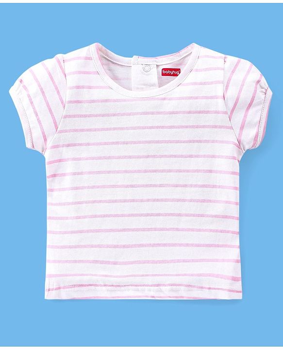 Babyhug 100% Cotton Polka Dots Printed Dungaree with Half Sleeves Striped Inner Tee - White & Pink