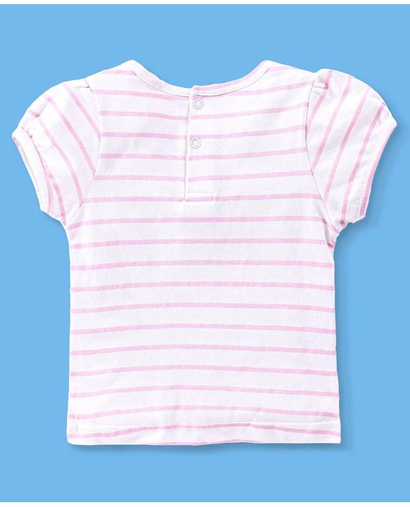 Babyhug 100% Cotton Polka Dots Printed Dungaree with Half Sleeves Striped Inner Tee - White & Pink