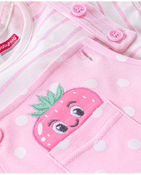 Babyhug 100% Cotton Polka Dots Printed Dungaree with Half Sleeves Striped Inner Tee - White & Pink