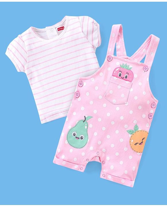 Babyhug 100% Cotton Polka Dots Printed Dungaree with Half Sleeves Striped Inner Tee - White & Pink