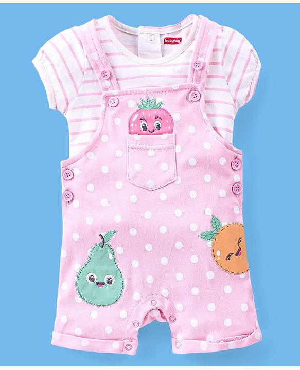 Babyhug 100% Cotton Polka Dots Printed Dungaree with Half Sleeves Striped Inner Tee - White & Pink