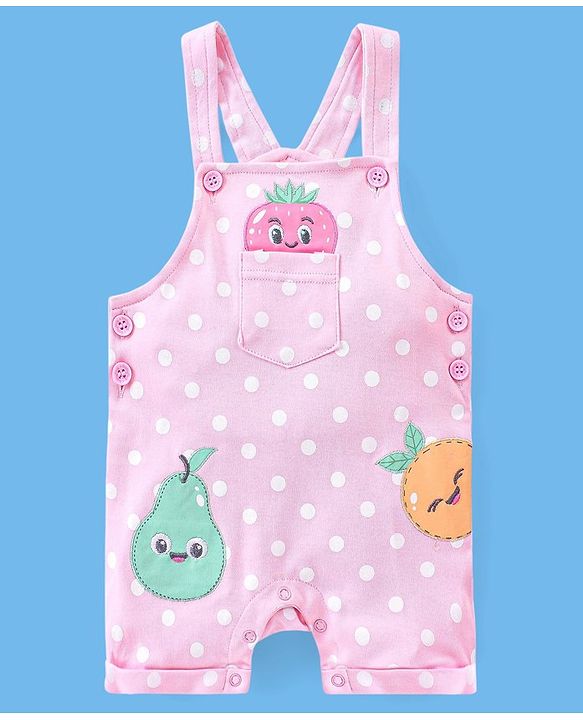 Babyhug 100% Cotton Polka Dots Printed Dungaree with Half Sleeves Striped Inner Tee - White & Pink