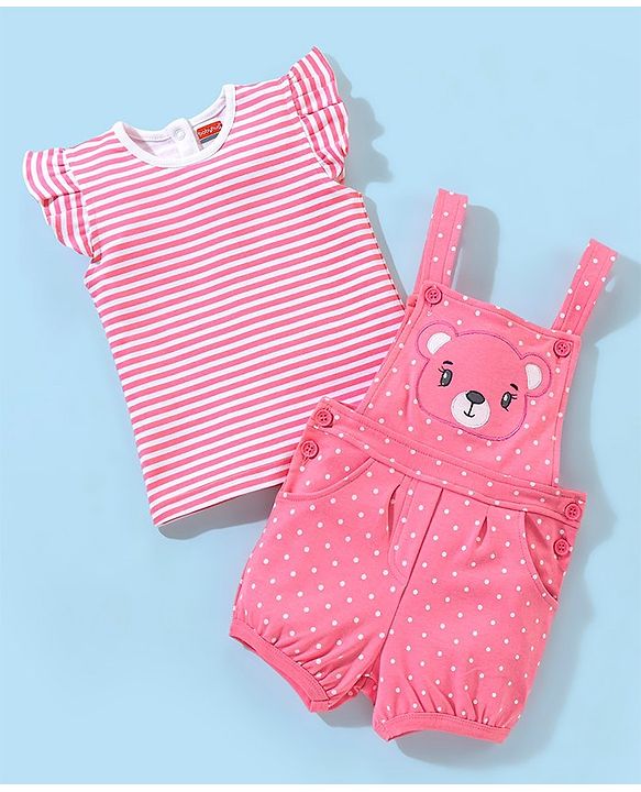 Babyhug Cotton Dungaree With Half Sleeves Inner Tee Striped & Bear PatchWork - Pink