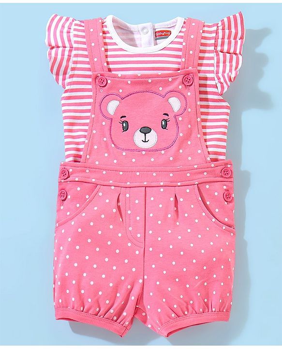 Babyhug Cotton Dungaree With Half Sleeves Inner Tee Striped & Bear PatchWork - Pink
