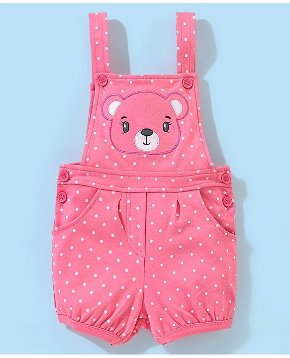 Babyhug Cotton Dungaree With Half Sleeves Inner Tee Striped & Bear PatchWork - Pink