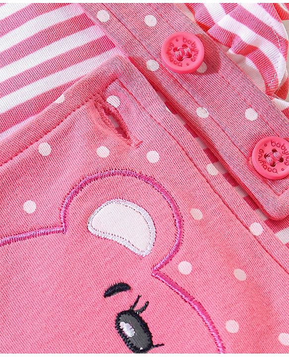 Babyhug Cotton Dungaree With Half Sleeves Inner Tee Striped & Bear PatchWork - Pink