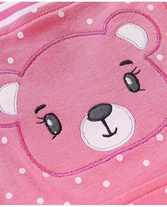 Babyhug Cotton Dungaree With Half Sleeves Inner Tee Striped & Bear PatchWork - Pink