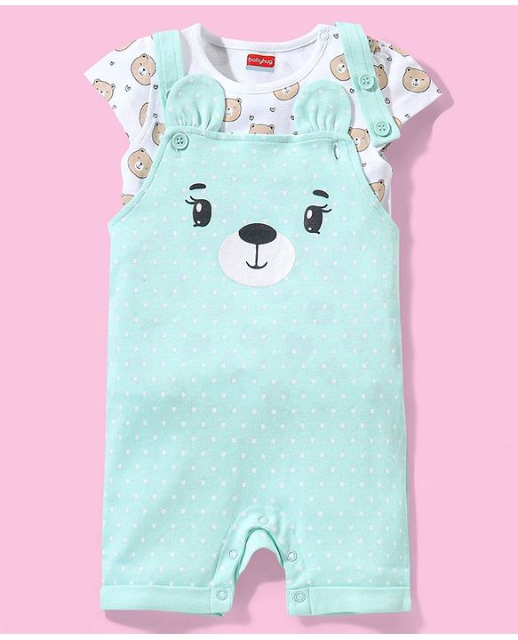 Babyhug Cotton Puff Print Dungaree with Bear Printed Half Sleeves Inner Tee - Mint