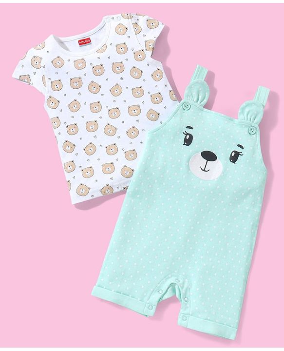 Babyhug Cotton Puff Print Dungaree with Bear Printed Half Sleeves Inner Tee - Mint
